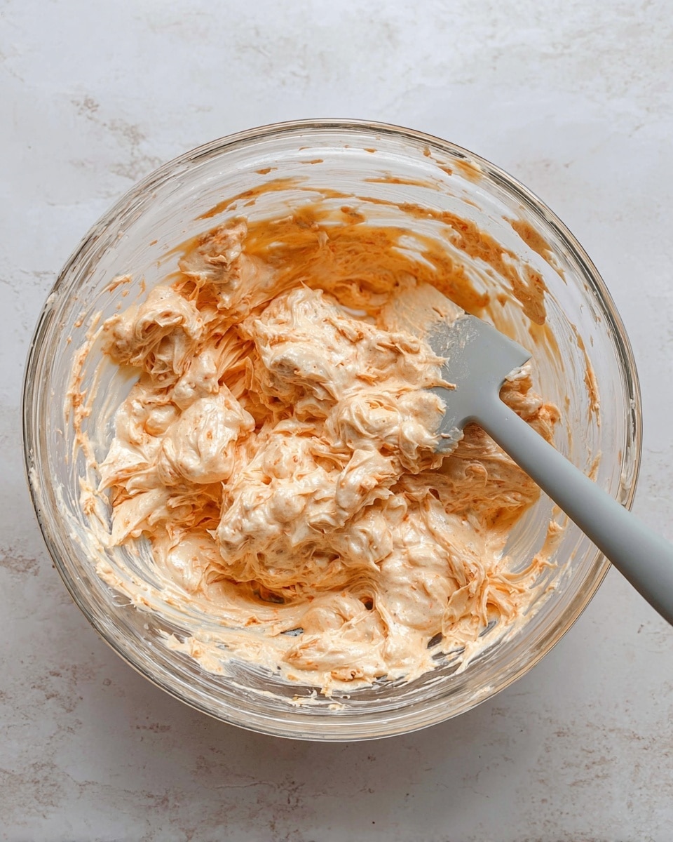 A clear glass bowl sits on a white marbled surface, filled with a creamy mixture that has a light orange color. The mixture has uneven small and medium pieces of light beige and slightly darker brown, showing a chunky texture mixed with smooth cream. A gray spatula with a smooth handle rests inside the bowl, coated with the creamy mixture. The scene shows just one layer—the bowl with its mixed contents, with some streaks clinging to the sides of the bowl. photo taken with an iphone --ar 4:5 --v 7