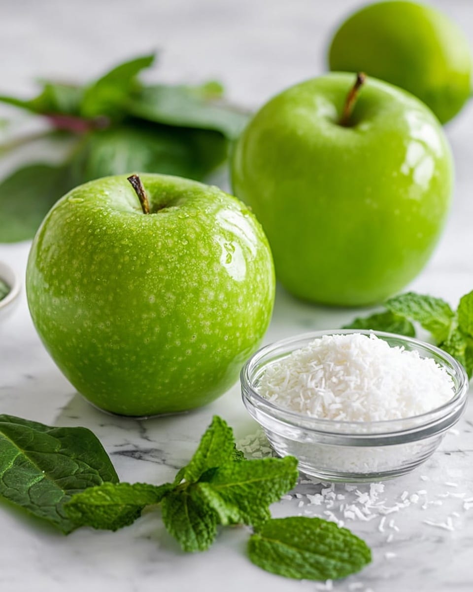 The image shows two shiny green apples placed on a white marbled surface, one closer to the front and the other behind it. Near the apples, there is a small clear glass bowl filled with white shredded coconut. Around the apples and bowl, fresh green spinach leaves and mint leaves add extra green color and texture to the scene. In the background, a bright green lime is partially visible, adding more freshness to the setup. The whole scene is bright and clean, highlighting the natural colors and textures of the ingredients. photo taken with an iphone --ar 4:5 --v 7