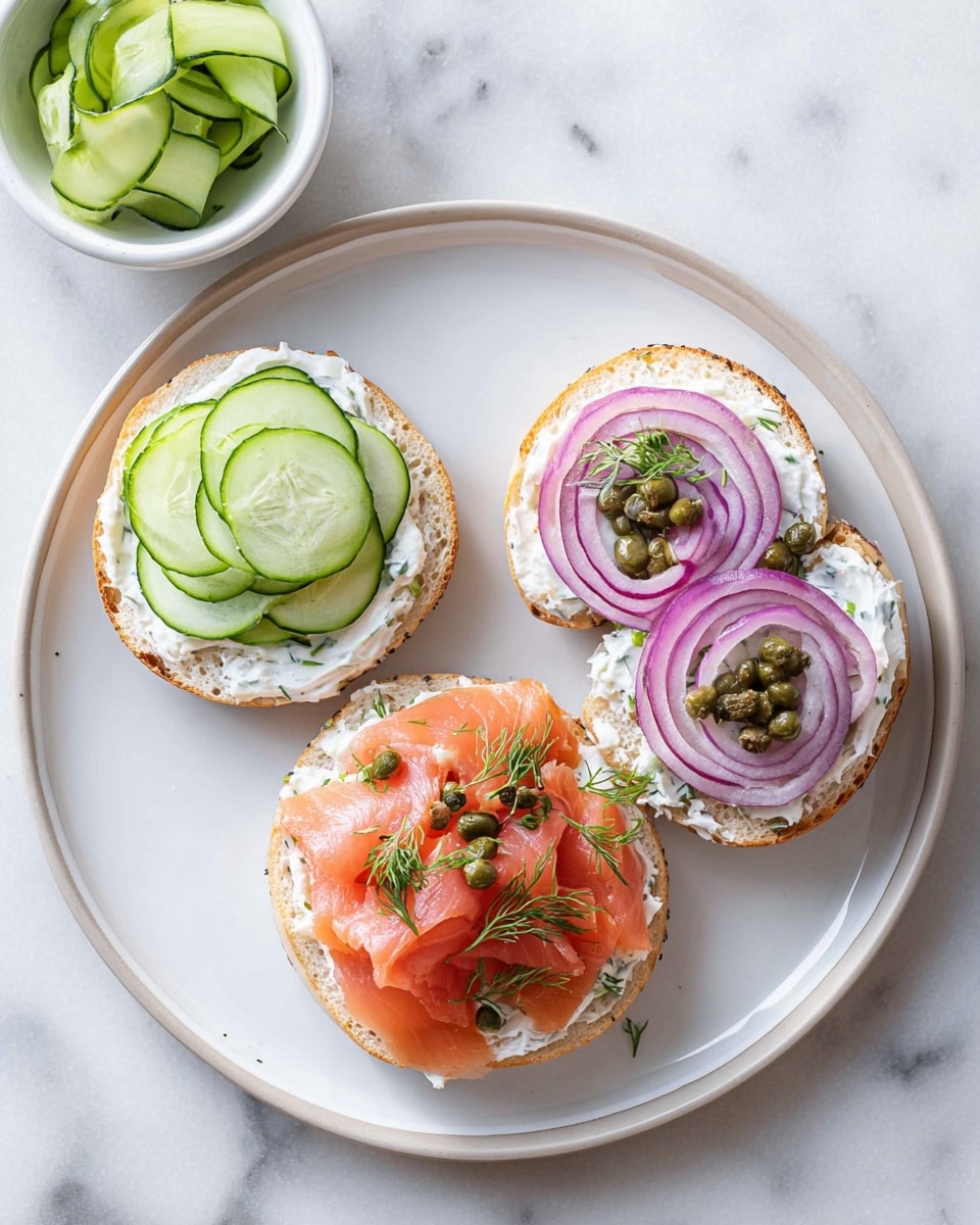 The image shows two plain bagels with a golden brown top layer stacked slightly on a white marbled surface. Around them are small white and clear bowls arranged in a loose circle. One white bowl holds thin, bright green zucchini ribbons with a smooth texture. Another white bowl contains thin slices of purple-red onion, slightly curled. There is a pile of thin, flat slices of orange smoked salmon in one white bowl, while another small white bowl contains a solid block of white cream cheese with a smooth and soft texture. A clear bowl with small green capers and another clear bowl with a mixture of salt and black pepper are also part of the setup. A small clear bowl with a pale yellow liquid, likely lemon juice, and a white bowl filled with finely chopped green dill complete the arrangement. All are placed on a simple white marbled surface, photo taken with an iphone --ar 4:5 --v 7