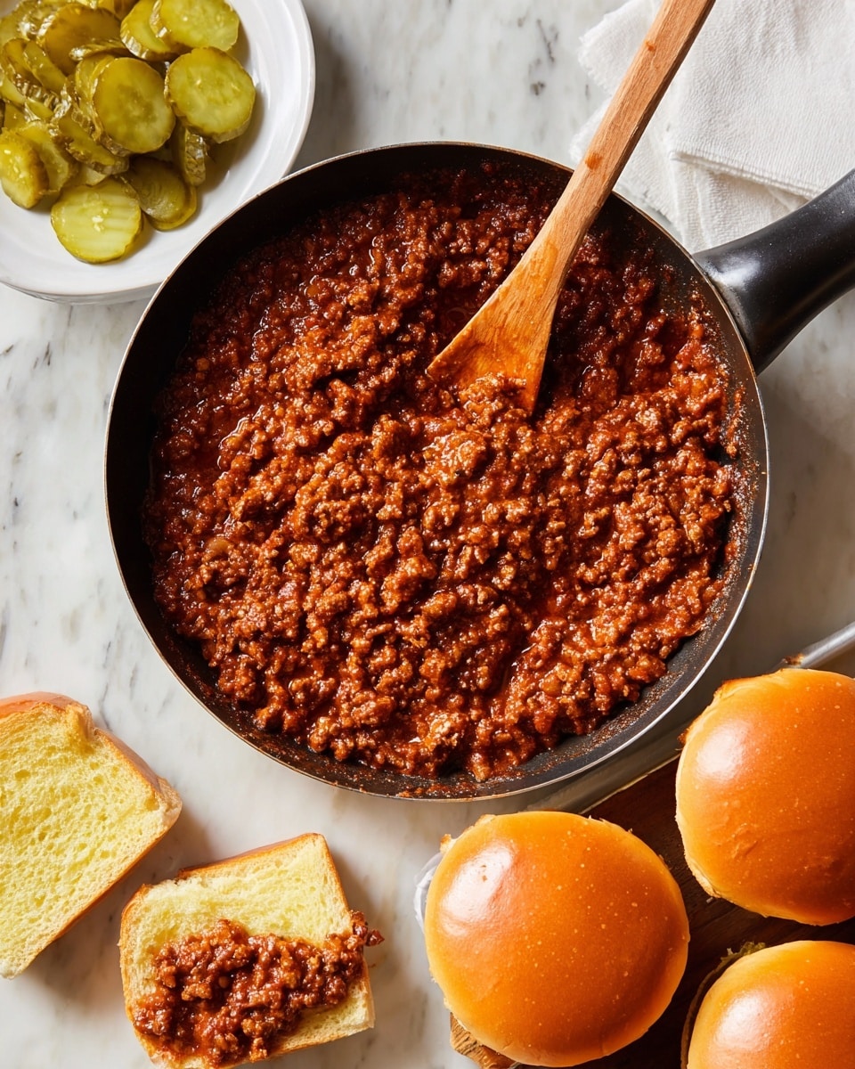 A black skillet filled with thick, reddish-brown sloppy joe meat sauce, showing a chunky texture with visible bits of cooked onions and ground meat, with a wooden spoon resting inside coated in sauce. Around the skillet, there are five shiny golden brown sandwich buns, one sliced open to show soft, yellowish bread inside. To the left of the skillet, there is a small white bowl with sliced green pickles. Above the skillet, there is a white plate with folded white paper napkins stacked on top. Everything is set on a white marbled surface. photo taken with an iphone --ar 4:5 --v 7