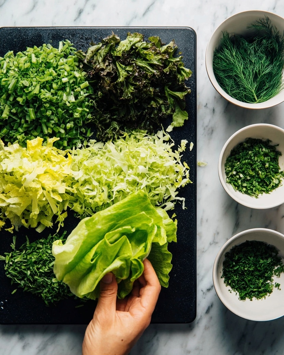 The image shows a white cutting board on a white marbled surface with three piles of chopped green leafy vegetables. In the center is a large heap of light green lettuce leaves in thin strips with some darker green leafy pieces to the left. On the right, there are two white bowls containing finely chopped green herbs, one with short green slices and the other with delicate green dill-like leaves. A woman's hand is gently holding a small bunch of fresh green lettuce leaves in the bottom center. Photo taken with an iphone --ar 4:5 --v 7