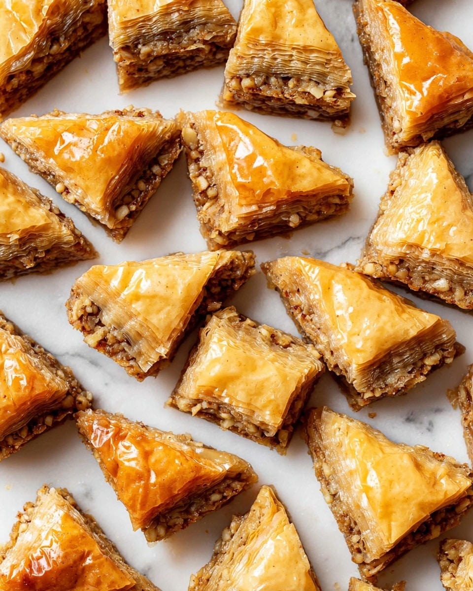 The image shows many diamond-shaped pieces of baklava scattered on a white marbled surface. Each piece has multiple thin layers of golden brown, flaky pastry on the top and bottom with a dense, nutty filling in the middle that looks textured with small bits. The top layer is glossy, shiny, and light golden in color, suggesting a sweet syrup coating. The sides reveal many delicate layers of crisp pastry stacked perfectly. The baklava pieces vary slightly in size but keep the same layered look. photo taken with an iphone --ar 4:5 --v 7