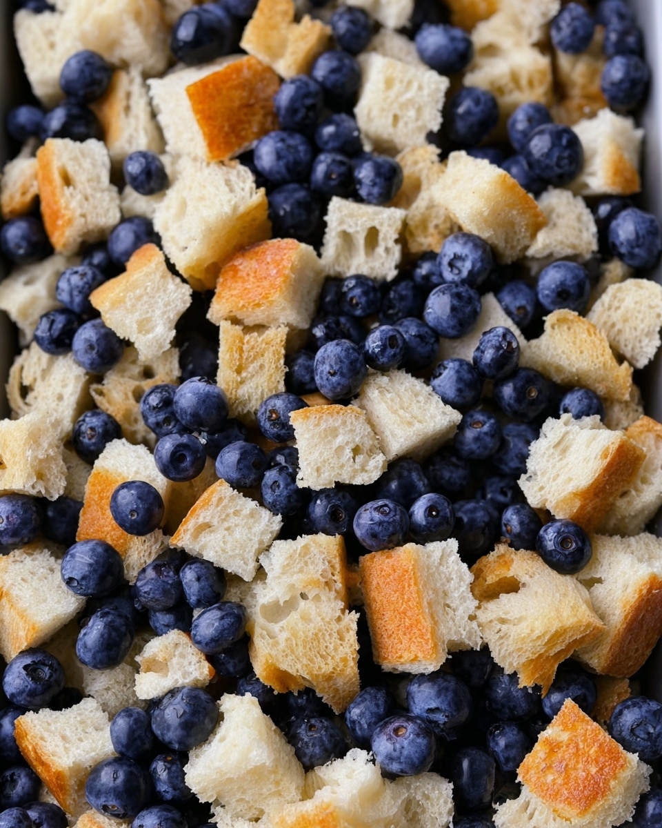 This image shows a close-up of many small bread cubes in a baking pan, mixed evenly with fresh blueberries. The bread pieces are light golden-brown on the outside and soft white inside, while the blueberries are smooth and dark blue-purple. The bread and berries fill the pan completely, creating a mix of rough bread texture and smooth fruit skin against a white marbled surface. photo taken with an iphone --ar 4:5 --v 7