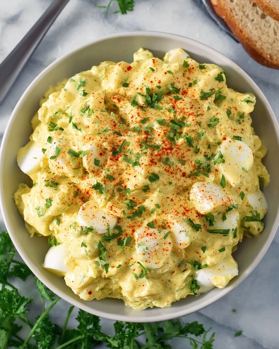 A bowl filled with creamy yellow egg salad, showing small white chunks of chopped boiled eggs mixed throughout. The egg salad is softly piled up, sprinkled with green chopped parsley and a light dusting of red paprika on top. The bowl is white and sits on a white marbled texture surface, with some fresh parsley visible around it. Photo taken with an iphone --ar 4:5 --v 7