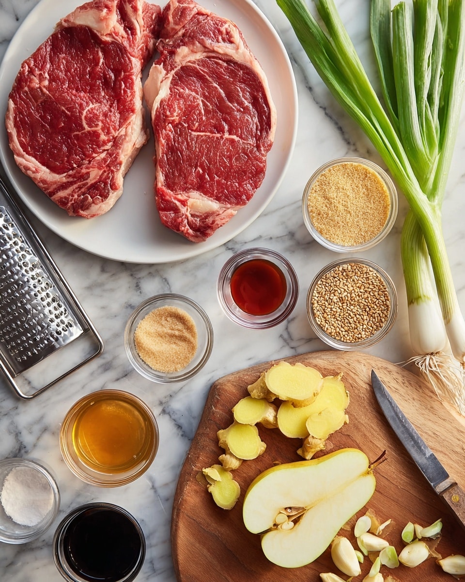 The image shows two raw steaks with marbled fat placed on a white plate at the top right. Below the plate, a wooden cutting board holds thin yellow slices of ginger and a cut Asian pear, showing its light flesh and seeds. Around the cutting board are whole and chopped green onions, with some pieces scattered near a small knife with a dark handle on the white marbled surface. Small glass bowls contain different ingredients: light brown sugar, golden sesame seeds, red sauce, minced garlic, dark soy sauce, and a clear amber liquid. A metallic grater with a wooden handle is on the left side of the cutting board. Photo taken with an iphone --ar 4:5 --v 7