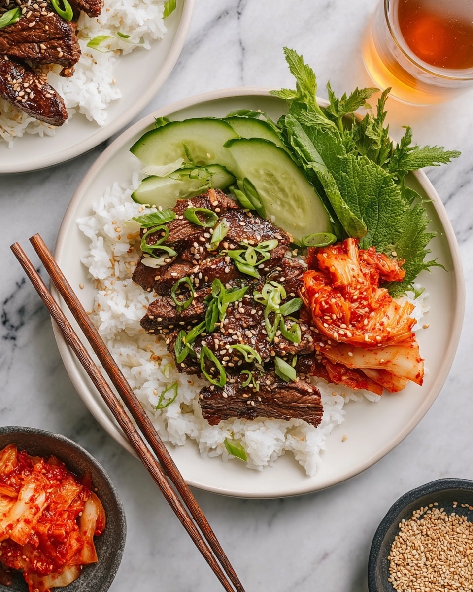 The dish shows a white plate with three main layers: at the bottom is a bed of fluffy white rice, on top of that there are several pieces of grilled dark brown meat sprinkled with light tan sesame seeds and some bright green sliced scallions, arranged in the center. On one side of the rice, there is a small pile of vibrant orange-red kimchi, and on the other side, fresh green perilla leaves and light green cucumber sticks are placed. Next to the plate, a pair of wooden chopsticks rest diagonally across the bottom left edge of the plate. The whole scene is set on a white marbled surface, with additional bowls of sesame seeds and kimchi and a glass of light amber drink in the background. photo taken with an iphone --ar 4:5 --v 7