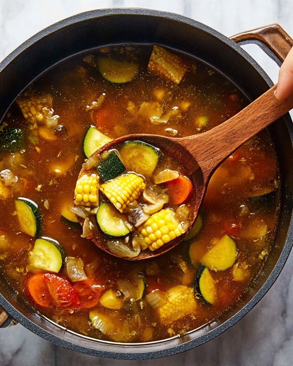 A close-up view of a dark pot filled with vegetable soup shows a rich brown broth with chunks of yellow corn on the cob, green zucchini pieces, orange carrot slices, and small bits of other vegetables like onions. A wooden spoon, held by a woman's hand out of the frame, scoops up some soup showing these colorful vegetable pieces clearly against the glossy soup. The soup looks thick with various textured pieces floating inside, all set on a white marbled surface. photo taken with an iphone --ar 4:5 --v 7