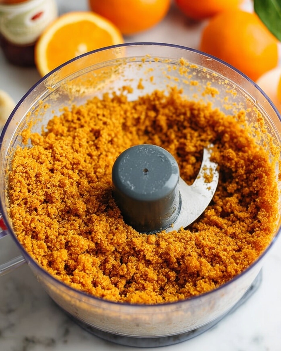 The image shows a close-up top view of a clear food processor bowl filled with finely ground orange-colored mixture. The mixture has a crumbly texture spread evenly around the sides and bottom of the bowl. A metallic blade is visible in the center, partially covered by the mixture. The background features whole and halved oranges placed on a white marbled surface, with a hint of a bottle blurred in the back. The lighting emphasizes the bright and fresh look of the orange mixture. photo taken with an iphone --ar 4:5 --v 7