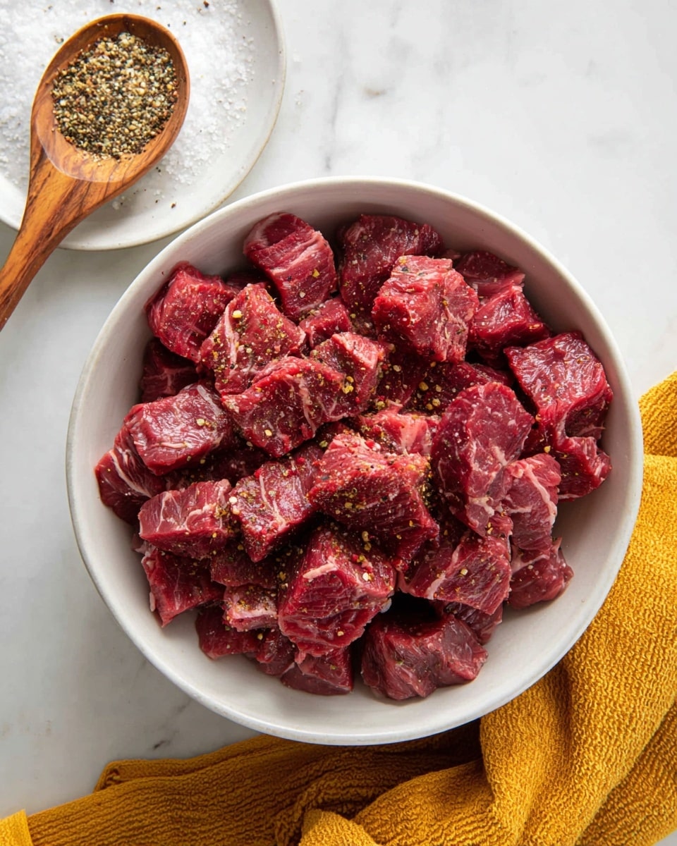 A white bowl filled with many pieces of raw beef cut into cubes, each piece a deep red color with visible marbling and some sprinkled black pepper and other spices on top. The cubes are layered loosely, filling most of the bowl. Next to the bowl is a white plate with a wooden spoon resting on it, containing a mix of coarse salt and black pepper. There is a textured yellow cloth to the right side, all set on a white marbled surface. photo taken with an iphone --ar 4:5 --v 7