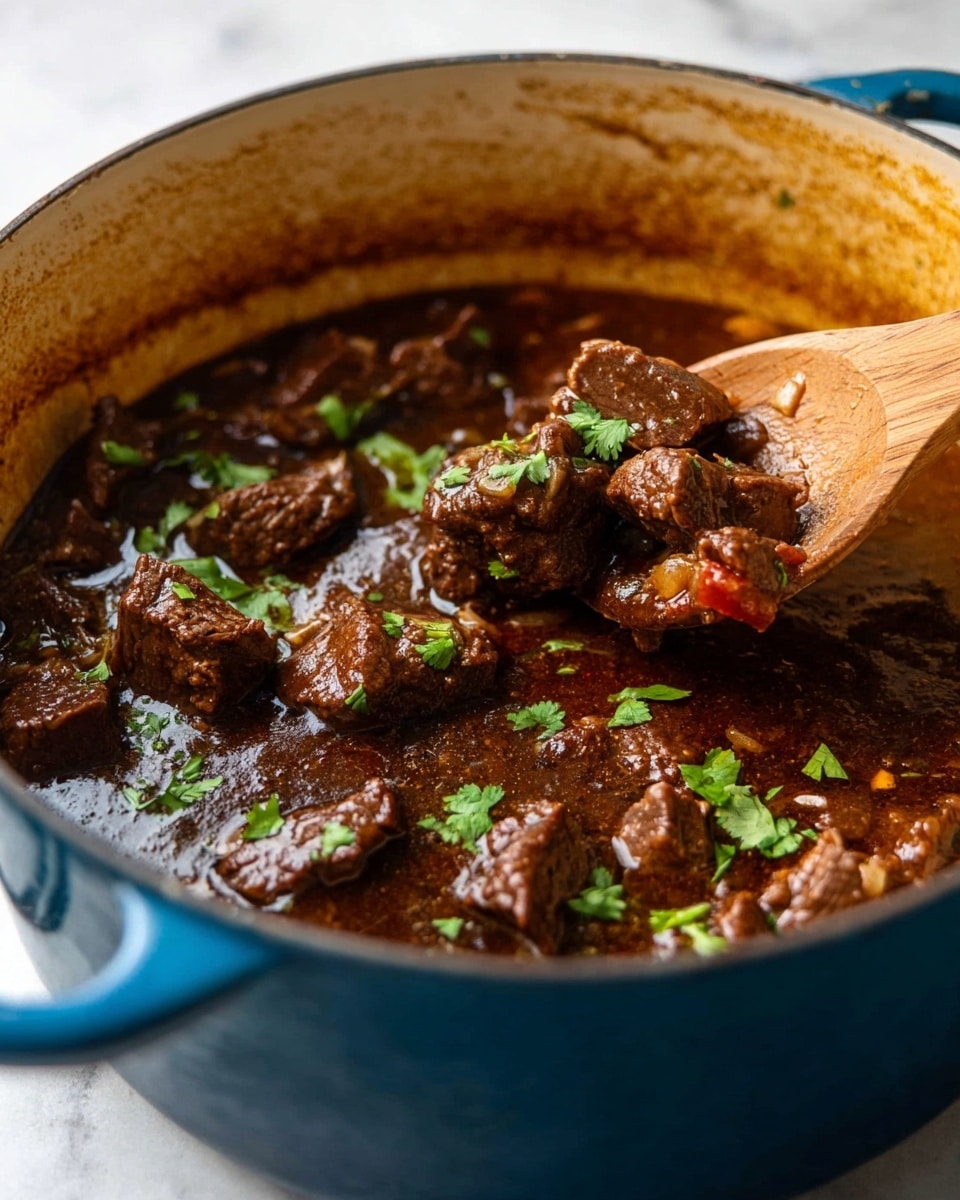 A large blue cast iron pot filled with dark brown beef stew pieces coated in a glossy sauce. The stew has visible chunks of meat mixed with small bits of onions and tomatoes, and it is topped with freshly chopped green cilantro leaves scattered all over. A wooden spoon with a smooth texture is lifting a few pieces of the stew from the right side of the pot. The inside rim of the pot shows a browned seasoning layer from cooking. The pot sits on a white marbled surface. photo taken with an iphone --ar 4:5 --v 7