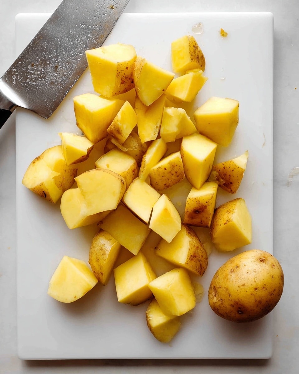 The image shows several pieces of yellow potatoes with brown skin cut into medium-sized chunks scattered on a white cutting board with a smooth texture. There is one whole potato placed near the center. A large kitchen knife with a silver blade lies on the left side of the board, with some water drops on the blade. The background is a clean white marbled surface. photo taken with an iphone --ar 4:5 --v 7