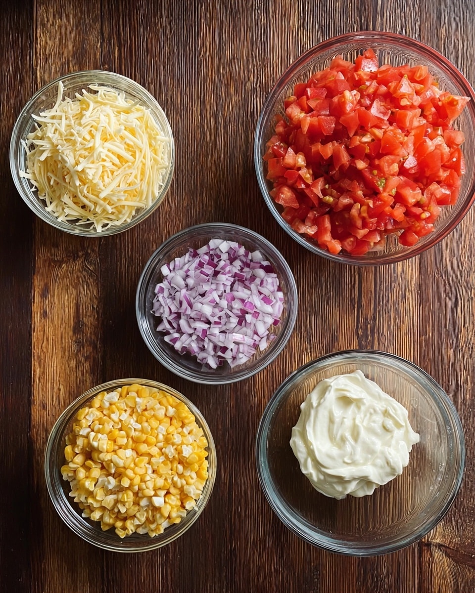 Five clear glass bowls are placed on a dark brown wooden surface. The largest bowl at the top right holds finely chopped bright red tomatoes, looking fresh and juicy with small, even pieces. To its left, a slightly smaller bowl holds shredded pale yellow cheese with long thin strips spread loosely. Above and right of the tomatoes, a small bowl is filled with finely chopped purple and white onions, creating a mix of light purple and white colors. Below the tomatoes, a medium bowl contains yellow corn kernels, packed well to fill the bowl. To the right of the corn, a small bowl holds a dollop of creamy off-white sour cream with smooth texture and soft peaks. Photo taken with an iphone --ar 4:5 --v 7