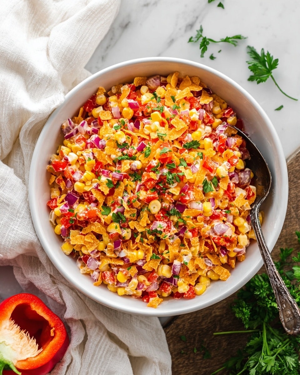 A white bowl filled with a colorful layered salad sits on a white marbled surface. The salad has chopped red bell peppers, yellow corn kernels, diced purple onions, shredded light orange cheese, and crunchy golden flakes mixed together. There are small green parsley leaves sprinkled on top as garnish. A dark metal spoon is resting inside the bowl on the right side. Nearby on the surface, there are some fresh parsley sprigs and half of a red bell pepper. A white cloth is casually placed in the background. photo taken with an iphone --ar 4:5 --v 7