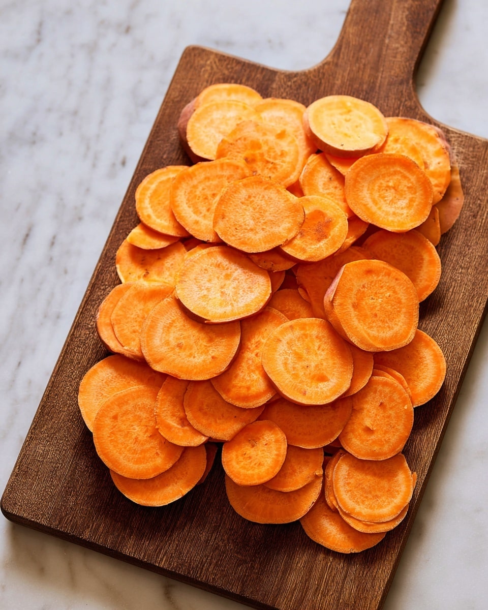 A wooden cutting board with a mix of many thinly sliced rounds of orange sweet potatoes spread over it. The slices vary slightly in size and are stacked unevenly in small clusters, showing smooth surfaces and a bright, natural orange color with subtle texture patterns typical of sweet potatoes. The cutting board is placed on a white marbled surface, enhancing the warm tones of the sweet potato slices. photo taken with an iphone --ar 4:5 --v 7
