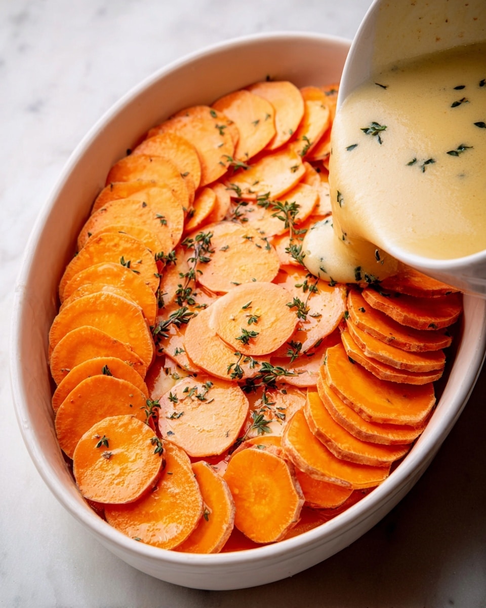 A white oval dish filled with two layers of bright orange sweet potato slices, arranged in a neat, slightly overlapping circular pattern. A creamy beige sauce with small green herb leaves is being poured evenly over the top layer from a white bowl held at the right side, with the sauce spreading gently and creating a smooth, glossy texture on the sweet potatoes. The dish sits on a white marbled surface. photo taken with an iphone --ar 4:5 --v 7