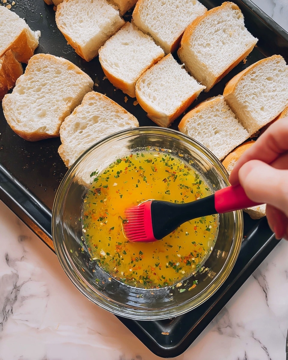 A close-up image shows a woman's hand holding a clear glass bowl with a yellow mixture containing small green herb bits inside, partly stirred with a red and black brush. Below, a black baking tray holds neatly arranged white sliced bread pieces in three rows. The scene is set on a white marbled textured surface. photo taken with an iphone --ar 4:5 --v 7