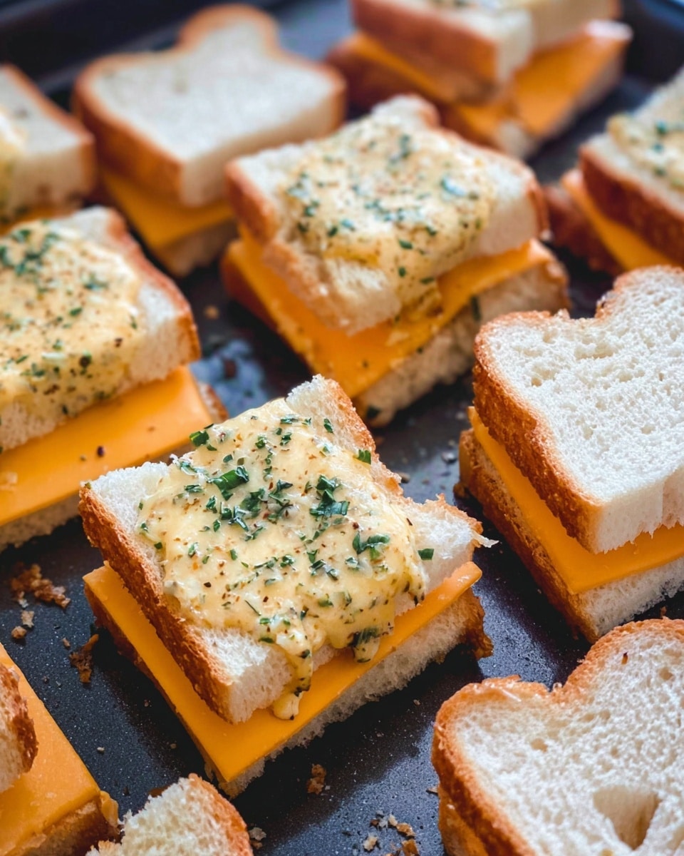 The image shows several small sandwiches arranged closely on a baking tray with a dark, slightly shiny surface. Each sandwich consists of three layers: the bottom white sandwich bread, a bright orange square slice of cheese, and a top layer of white bread spread with a creamy, yellowish garlic butter mixed with green herbs and small black pepper specks. The top bread slices have a slightly toasted look with a few holes visible in the texture. Photo taken with an iphone --ar 4:5 --v 7