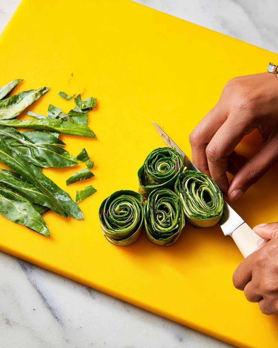 A close-up view shows a pair of hands slicing rolled green leafy vegetables on a bright yellow cutting board placed on a white marbled surface. The rolled leaves are neatly coiled into spiral shapes, showing the detailed layers of green shades from dark to light, and some loose leaves are visible to the side. One hand holds the roll firmly while the other uses a knife with a silver blade and white handle, carefully cutting through the layers. The scene has a clear and fresh look with vivid colors and textured details. Photo taken with an iphone --ar 4:5 --v 7