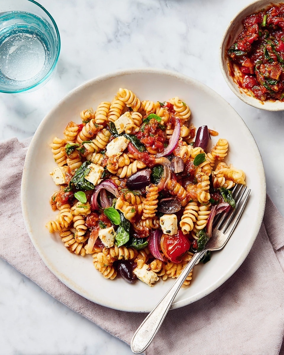 A white plate filled with short spiral pasta mixed with a red sauce, scattered with bright green leafy herbs, dark purple olive slices, chunks of white cheese, and pieces of red tomato and cooked red onion. A silver fork rests on the right side of the plate, which is placed on a light cloth napkin over a white marbled surface. To the top right, there is a small white bowl filled with a chunky red sauce with green herbs, and to the left, a clear glass of water sits on the surface. photo taken with an iphone --ar 4:5 --v 7