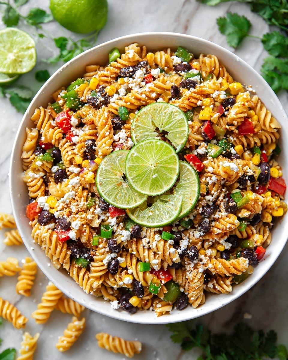 A white bowl filled with a colorful pasta salad made of rotini pasta mixed with black beans, yellow corn, chopped red bell peppers, and green onion pieces evenly spread throughout. On top, several lime wedges are arranged in the center, surrounded by a sprinkle of white crumbly cheese and a light dusting of paprika or chili powder. The bowl sits on a white marbled surface with some pasta pieces and cilantro sprigs scattered around, creating a fresh and vibrant look photo taken with an iphone --ar 4:5 --v 7