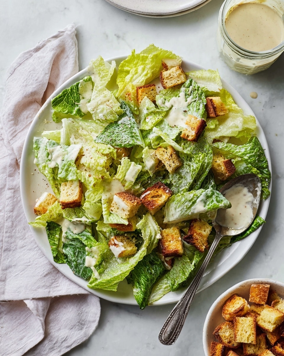 A white plate holds a fresh Caesar salad with two layers: the bottom layer is crisp, green romaine lettuce with shiny, wet leaves, and the top layer is golden brown croutons with a slightly toasted texture, all covered with a creamy light beige dressing spread unevenly. A silver spoon rests on the plate among the salad. Around the plate, a white cloth napkin lies to the left, and a small white bowl filled with extra croutons sits at the bottom right corner on a white marbled surface. A jar with light creamy dressing is partially visible at the top right corner. Photo taken with an iphone --ar 4:5 --v 7