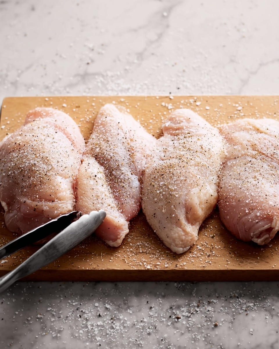 Four raw chicken pieces are laid side by side on a light brown wooden board, each covered with a layer of white salt and black pepper evenly spread on top. The chicken pieces have a light pink color with visible texture of raw meat. At the bottom left, a pair of black tongs holds the first piece on a white marbled surface background scattered with some salt grains. photo taken with an iphone --ar 4:5 --v 7