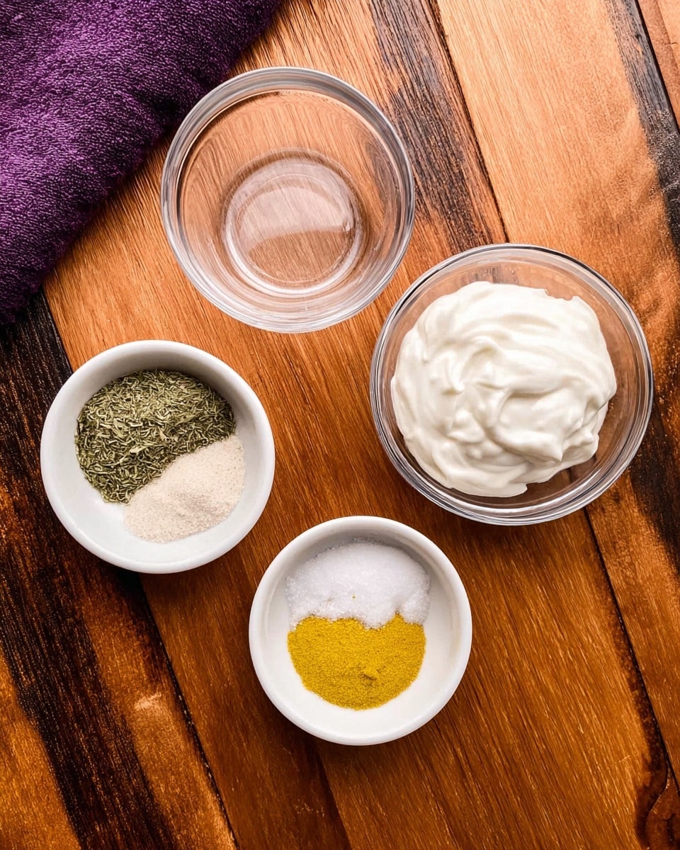 The image shows four small white bowls placed on a wooden surface with warm brown tones. The top left bowl is empty and clear glass, while the top right bowl is clear glass filled with a thick, white creamy substance. The bottom left white bowl holds three dry ingredients arranged side by side: green herbs, white salt, and light beige powder. The bottom right white bowl contains a small dollop of bright yellow mustard. The background surface is wooden with a rich warm texture, and a dark purple cloth is partially visible in the upper left corner. Photo taken with an iphone --ar 4:5 --v 7
