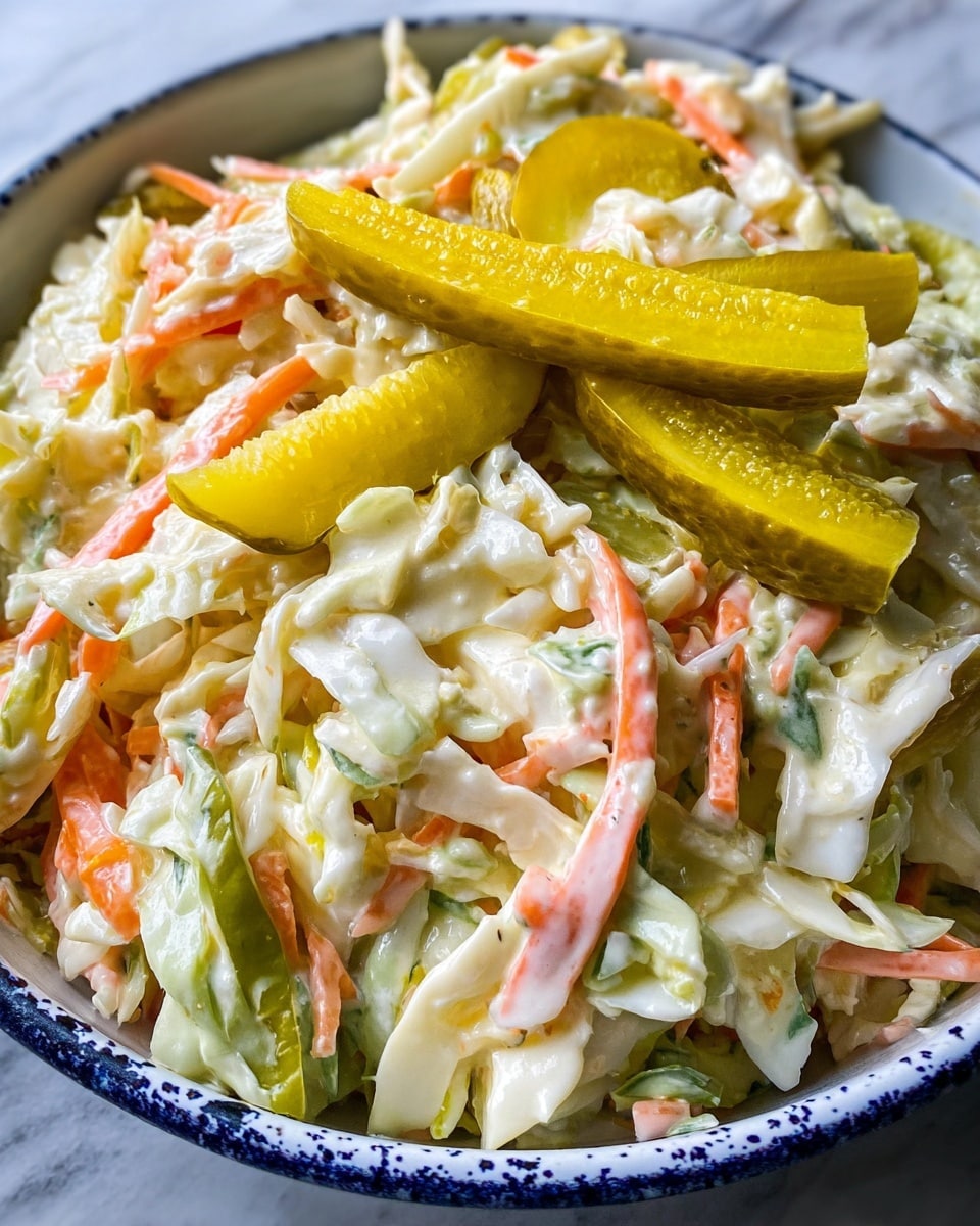 A close-up view of a creamy coleslaw served on a white bowl with blue specks, filled almost to the brim. The coleslaw has shredded white cabbage as the base, mixed with thin carrot sticks, light green celery pieces, and slices of bright yellow pickles scattered throughout. The creamy dressing coats the vegetables, giving a slightly glossy texture. On top, two large yellow pickle spears rest horizontally across the coleslaw. The bowl sits on a white marbled surface. photo taken with an iphone --ar 4:5 --v 7