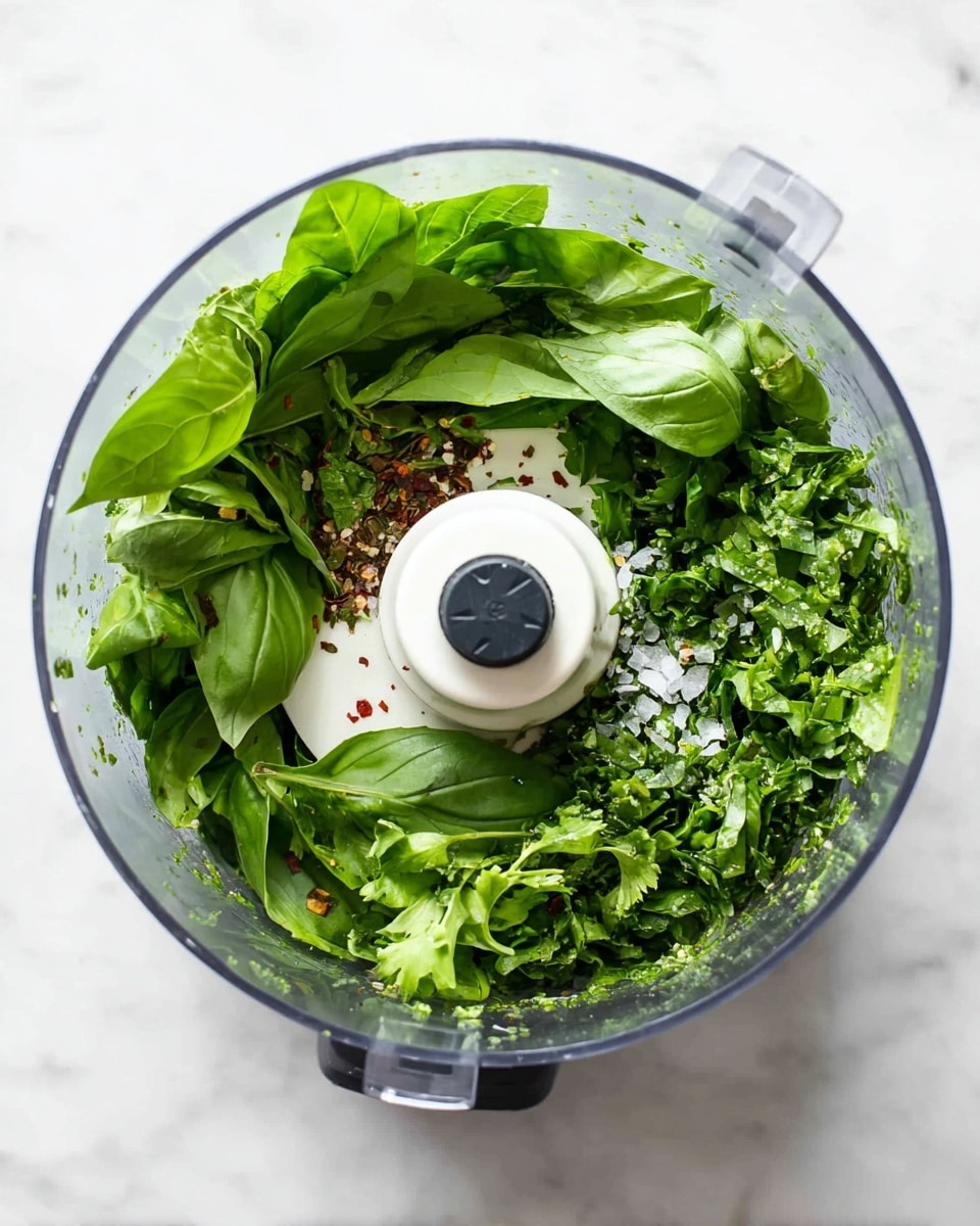 A clear food processor bowl filled with several layers of fresh green herbs, including large basil leaves and curly parsley, resting on a white marbled surface. There are small white salt flakes and some scattered red pepper flakes on top of the leaves, adding a light texture and color contrast among the layers of green. The machine blade is centered, visible as a white piece with a black dot in the middle. The image is bright, with soft natural light highlighting the crispness of the leaves. photo taken with an iphone --ar 4:5 --v 7