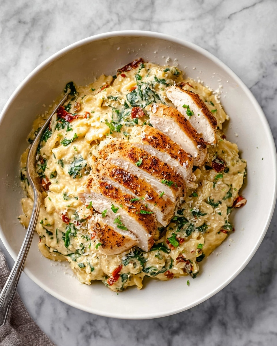 A round black cast iron pan holds a creamy orzo pasta base mixed with small green leafy bits and red tomato chunks, creating a rich background layer with a textured, slightly glossy surface. On top of this creamy pasta, two sliced grilled chicken pieces are placed in the center, each chicken layer showing golden brown grill marks and a moist interior. The grilled chicken slices are arranged in two fan shapes with fresh green herbs sprinkled all over. Two small sprigs of fresh rosemary sit in the middle, adding a dark green accent. The entire dish has a light dusting of grated white cheese and black pepper for texture and contrast. The pan rests on a white marbled surface with a striped cloth nearby, and a small bowl with grated cheese is seen at the top-right corner. Photo taken with an iphone --ar 4:5 --v 7