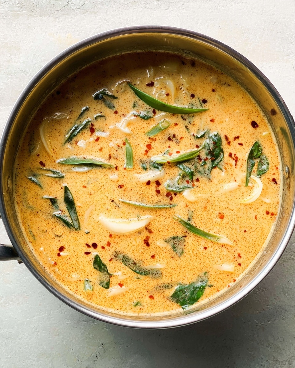 A round stainless steel pot filled with a creamy orange soup base with small red specks of spices dispersed throughout. Floating on the surface are green leafy pieces and pale, curved slices of vegetables, creating a fresh contrast with the creamy broth. The soup has a smooth, slightly thick texture with visible steam rising. The pot sits on a white marbled surface. Photo taken with an iphone --ar 4:5 --v 7