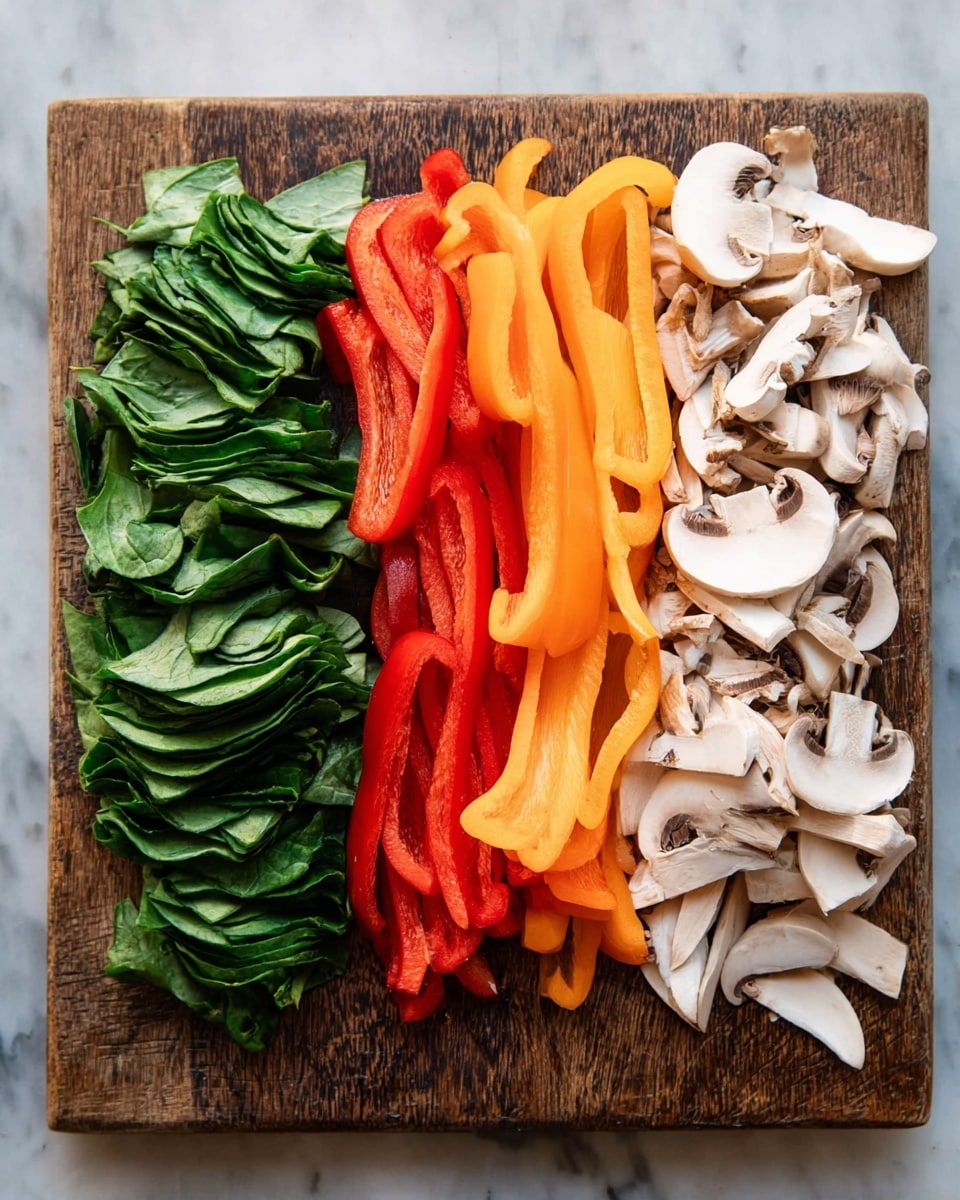 The image shows three rows of sliced vegetables arranged neatly on a brown wooden board with a white marbled background. On the left side, there is a stack of green leafy vegetables cut into thin strips with a smooth and slightly shiny texture. In the middle, there are brightly colored strips of bell peppers with layers of red, orange, and yellow, showing a crisp and juicy texture. On the right side, there are sliced white mushrooms, each slice showing the soft inner part and light brown edges, layered loosely and overlapping. Photo taken with an iphone --ar 4:5 --v 7