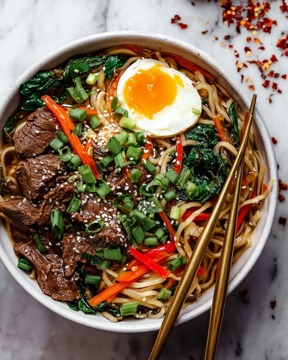 A bowl filled with layers of noodles sitting at the bottom, light brown and slightly glossy, topped with sliced cooked beef strips that are dark brown and tender-looking. Mixed in are cooked green leafy vegetables and thin orange and red carrot sticks, adding texture and color. Half a soft-boiled egg with a bright orange yolk and white edges is placed on one side. The dish is garnished with chopped green onions and sprinkled with white sesame seeds. Two golden chopsticks rest inside the white bowl. The bowl is placed on a white marbled surface with scattered red chili flakes around. Photo taken with an iphone --ar 4:5 --v 7