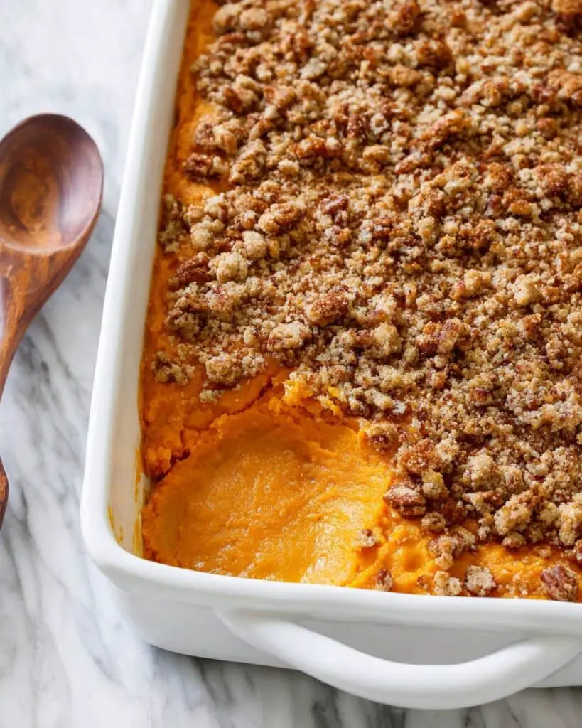 The Best Sweet Potato Casserole with Cinnamon Pecan Crumble Recipe
