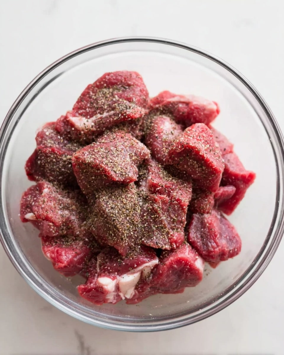 A clear glass bowl filled with pieces of raw red meat that have a rough texture, covered evenly with a layer of black pepper and salt. The bowl sits on a white marbled surface, and the meat pieces are piled up high inside the bowl, showing some white fat bits mixed in. The seasoning adds a grainy look on top of the meat. photo taken with an iphone --ar 4:5 --v 7