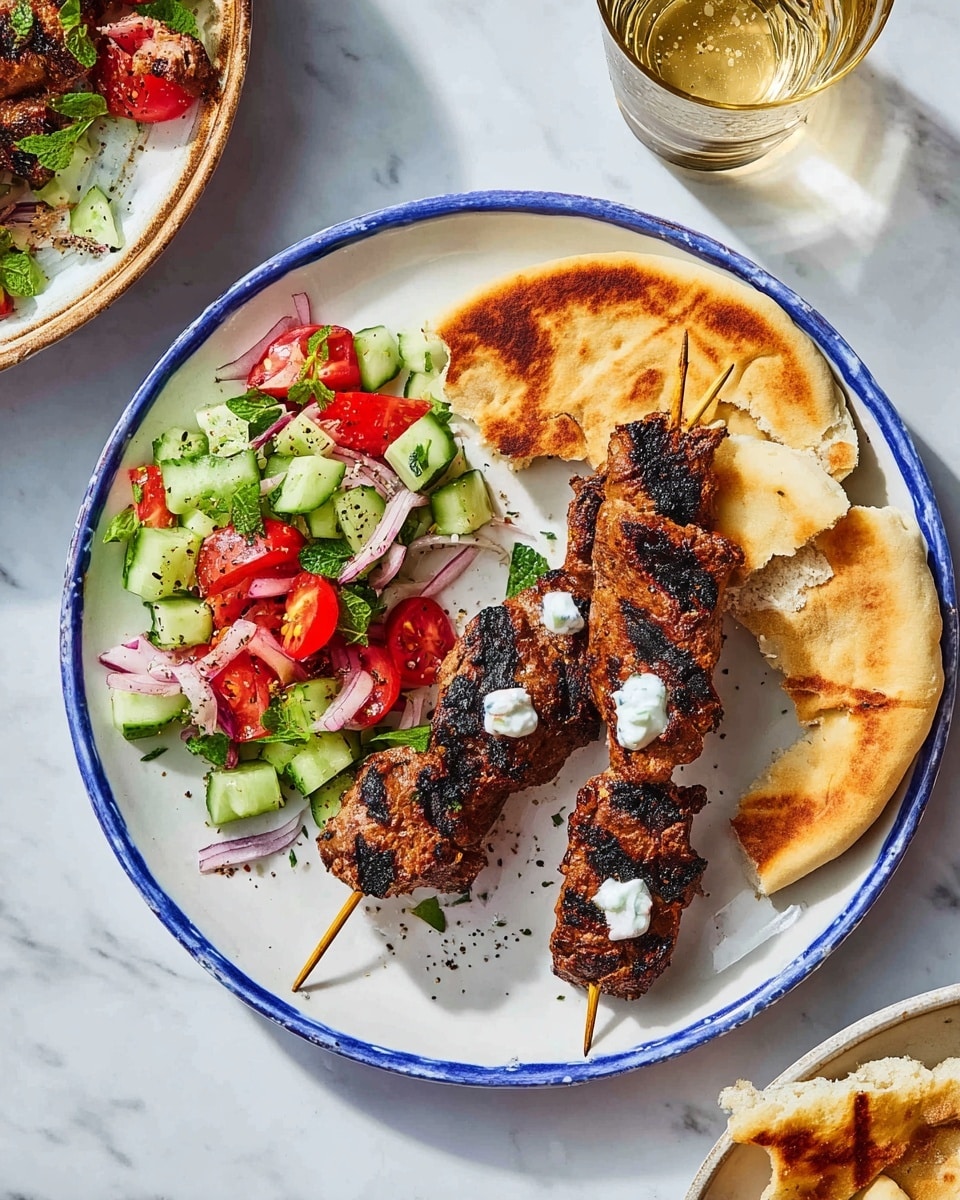 A white plate with a blue rim holds two grilled meat skewers, each with visible dark grill marks and topped with small white dollops of sauce. To the right of the skewers is a piece of lightly browned flatbread, torn unevenly. Below the skewers, there is a small portion of fresh salad made of diced green cucumber, red tomato, and purple onion, mixed with green herbs and black pepper sprinkled on top. The plate is placed on a white marbled surface. In the background, there is a partial view of a bowl with more of the same salad and a glass of light-colored liquid beside it. Photo taken with an iphone --ar 4:5 --v 7
