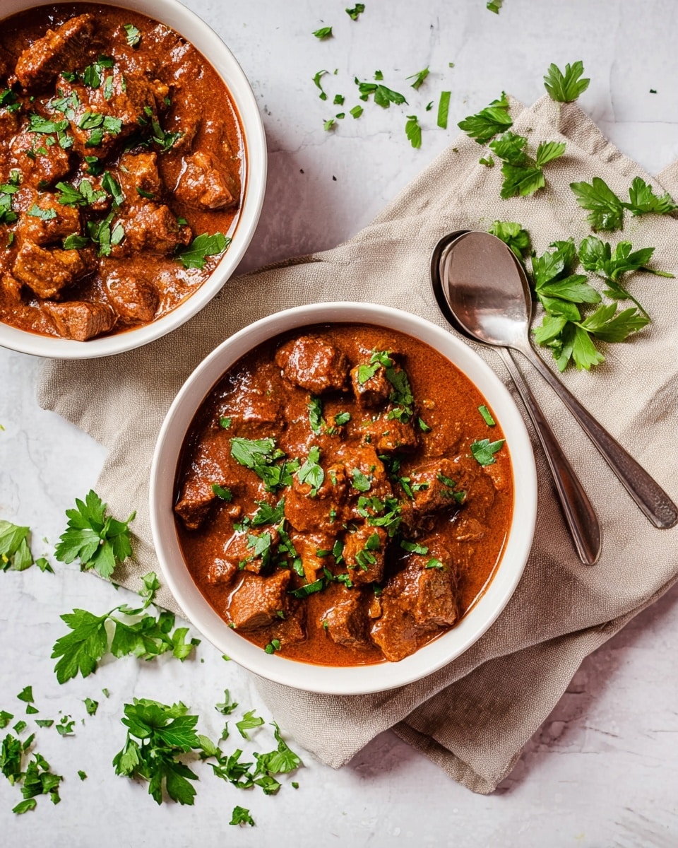 Two white bowls filled with a thick reddish-brown stew made of small chunks of tender meat covered in sauce. The stew is topped with scattered bright green fresh parsley leaves. The bowls rest on a khaki cloth on a white marbled surface, with two spoons placed above the main bowl. More parsley leaves are casually spread around both bowls on the surface. Photo taken with an iphone --ar 4:5 --v 7