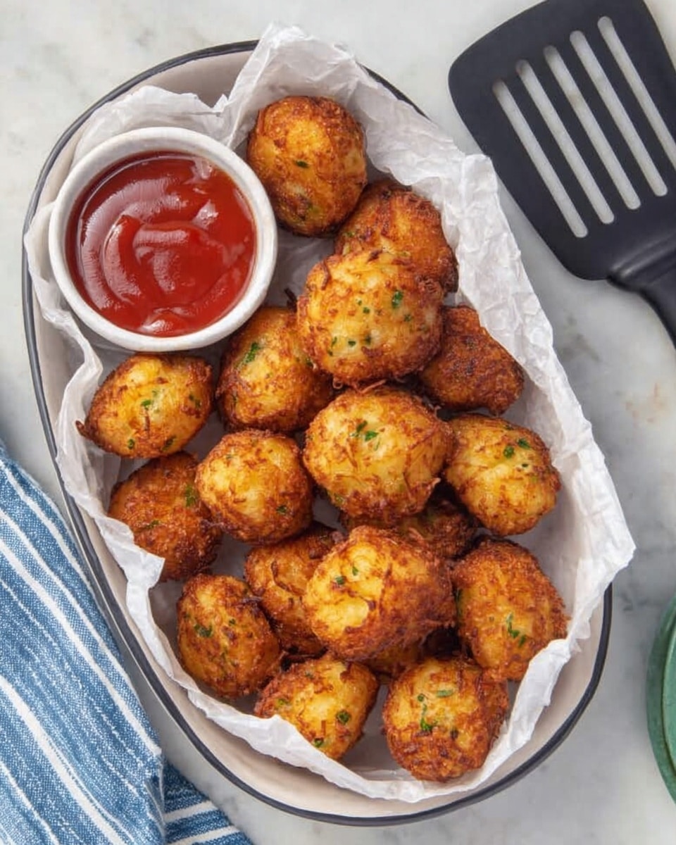An oval white plate lined with white paper holds a pile of golden brown fried potato balls, each with a crispy texture and small green herb specks on top. On one side of the plate, there is a small white bowl filled with smooth red dipping sauce. The plate is placed on a white marbled surface with a black slotted spatula nearby and a striped blue and white cloth on the side. Photo taken with an iphone --ar 4:5 --v 7