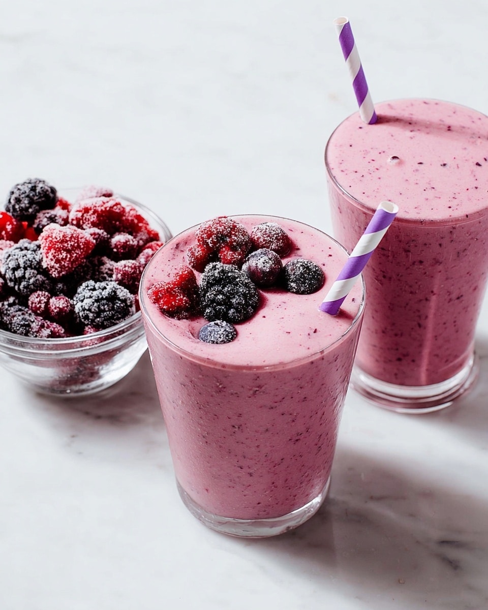 Two clear glasses filled with a thick pink smoothie with tiny dark specks inside. Each glass has a purple and white striped straw standing in the smoothie. One glass is topped with frozen mixed berries in red, purple, and black colors that are partly sunk in the smoothie. To the left, there is a small clear bowl filled with the same frozen berries. All items sit on a surface with a white marbled texture. Photo taken with an iphone --ar 4:5 --v 7