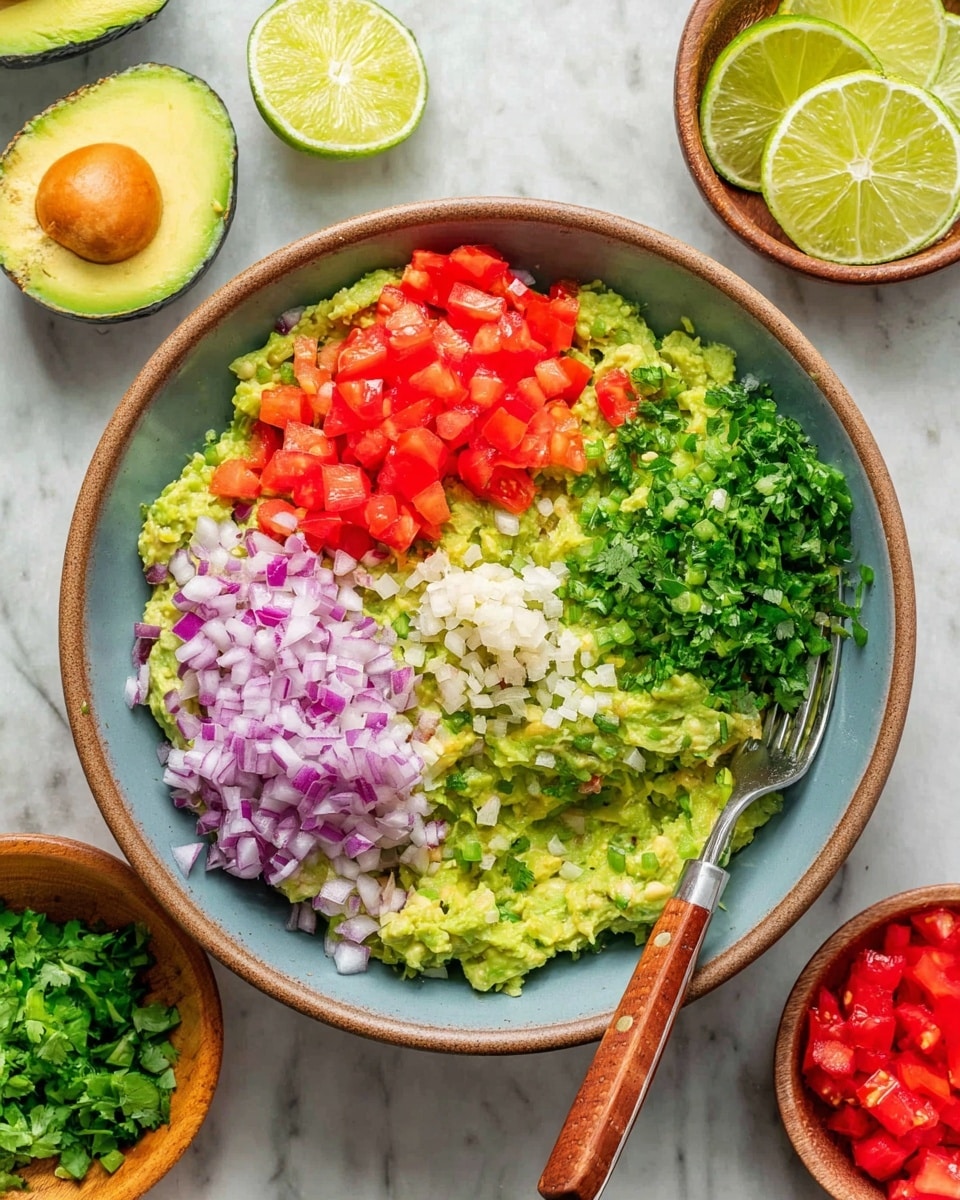 A large bowl filled with a base layer of bright green mashed avocado, topped with five distinct layers arranged around the bowl: finely chopped red onions on the left, a small mound of minced garlic next to the onions, finely chopped green peppers at the top, fresh chopped cilantro below the garlic, and diced red tomatoes on the right. A fork with a wooden handle rests inside the bowl on the right side. Around the bowl are halved avocados, lime wedges, and small bowls of chopped onions and tomatoes, all placed on a white marbled surface photo taken with an iphone --ar 4:5 --v 7