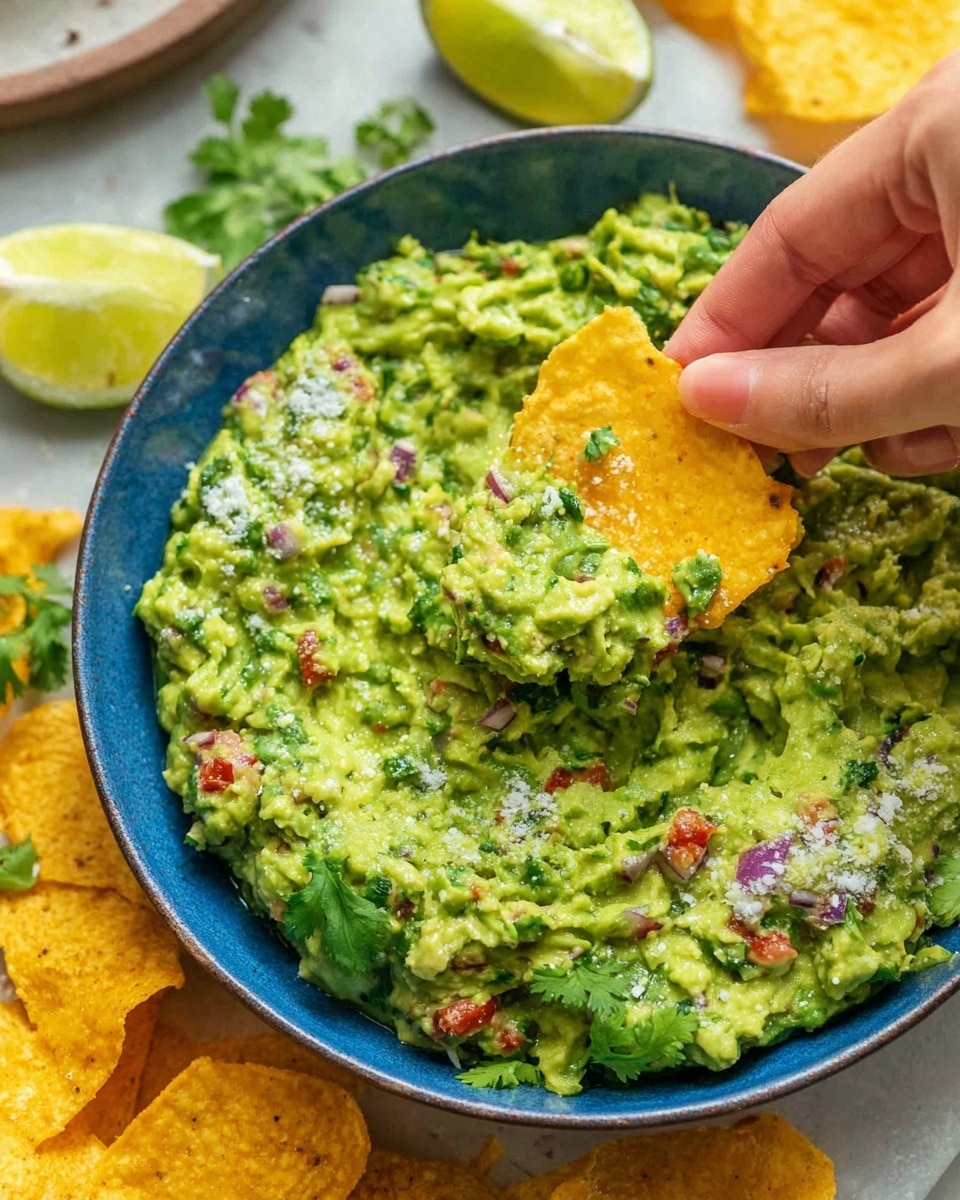 A close-up view of a blue bowl filled with chunky green guacamole that has small red tomato pieces and purple onion bits mixed throughout, giving a textured appearance. A woman's hand is dipping a salted yellow corn chip into the guacamole. Around the bowl, the white marbled surface shows lime wedges, fresh green cilantro leaves, and more yellow corn chips sprinkled with salt. Photo taken with an iphone --ar 4:5 --v 7