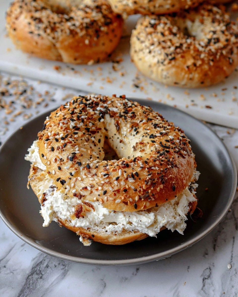 The image shows a close-up of an everything bagel sandwich on a white plate, with a golden-brown bagel top covered in white sesame seeds, black sesame seeds, and bits of dried onion. The sandwich is split in half horizontally, revealing a thick, creamy white layer of cheese spread inside. The bagel has a slightly rough texture and is round with a hole in the middle. The background shows more bagels with the same topping on a white marbled surface, sprinkled with scattered seeds. photo taken with an iphone --ar 4:5 --v 7