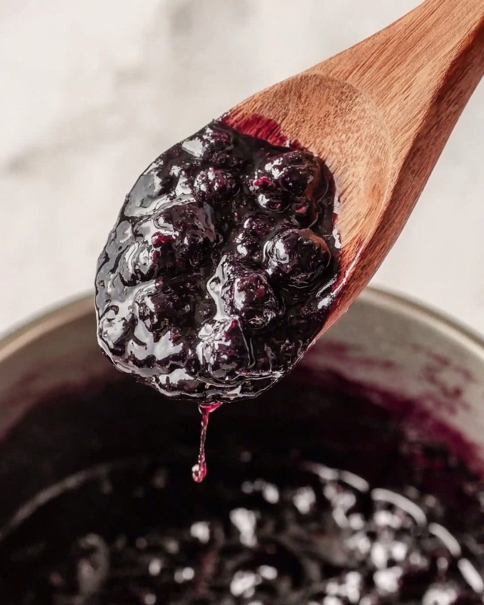 A close-up image showing a wooden spoon holding thick, dark purple jam with visible whole berries and a shiny texture, dripping slightly over the edge. Below the spoon is a blurred view of a pot filled with the same glossy berry jam. The background is a white marbled texture. photo taken with an iphone --ar 4:5 --v 7