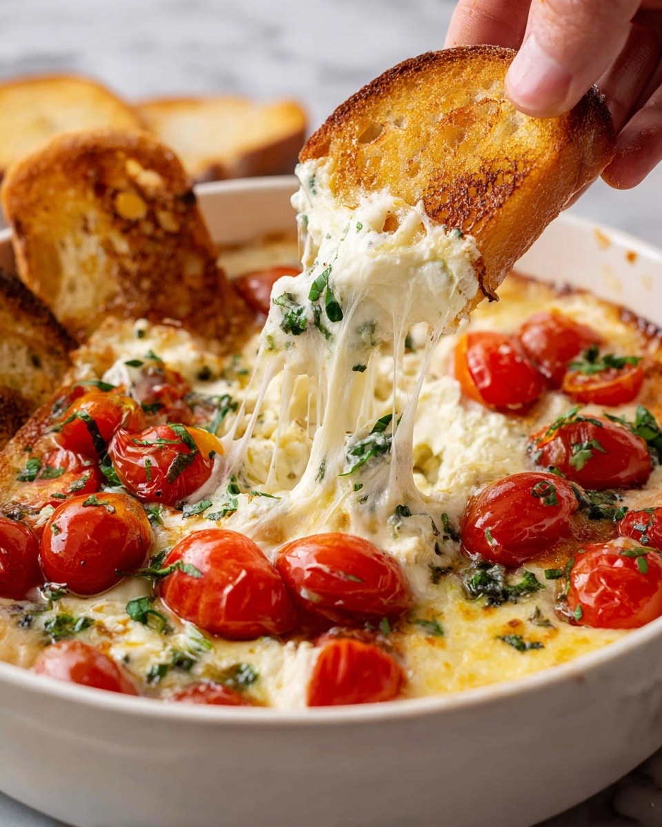In a white bowl on a white marbled surface, a creamy cheesy dip sits topped with halved bright red cherry tomatoes and chopped green herbs. Toasted golden-brown bread slices are dipped into the thick, melted cheese, which stretches in long strings showing its soft, rich texture. The cheese layer is thick and creamy, covering the bottom with bits of herbs scattered on top, and the cherry tomatoes add fresh color contrast. A woman's hand is lifting one toasted bread slice, pulling cheese upwards. Photo taken with an iphone --ar 4:5 --v 7