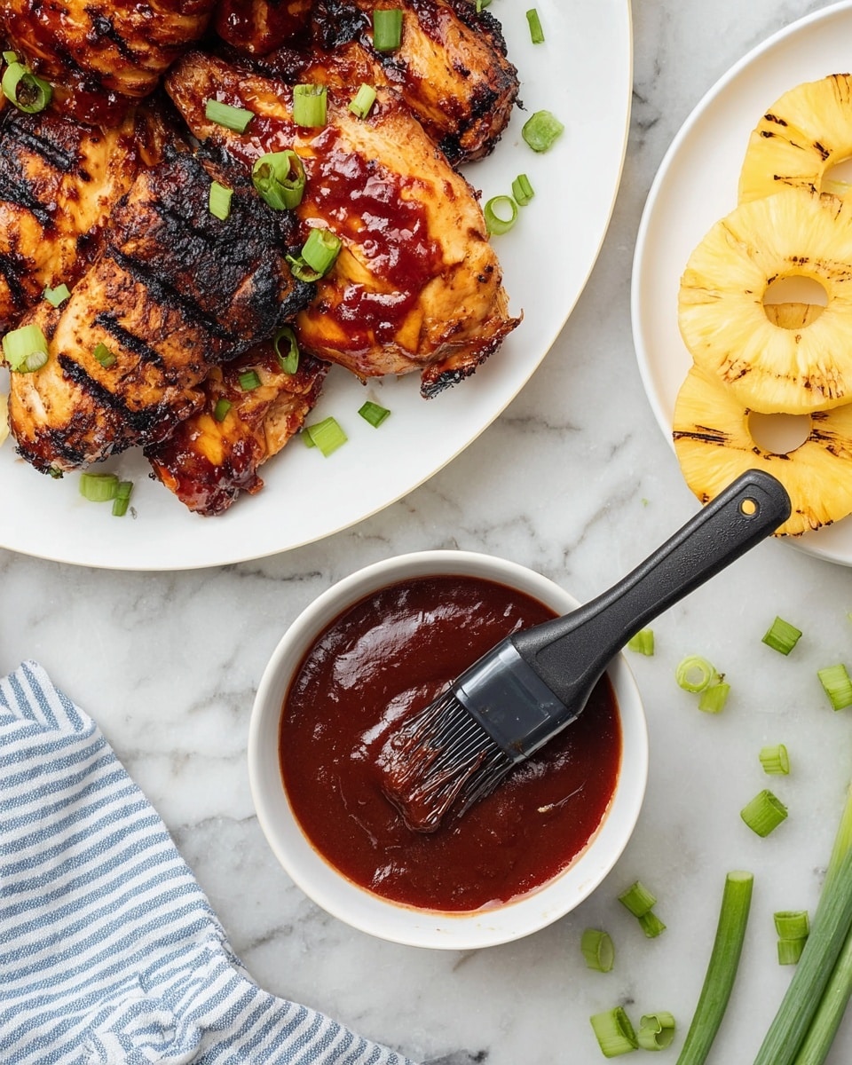 A white plate on the top left shows several pieces of grilled chicken with dark brown and slightly blackened edges, covered in a shiny reddish glaze and sprinkled with small green onion slices. On the bottom center, a white bowl contains thick, dark reddish barbecue sauce with a black brush dipped in it, holding some sauce on its bristles. On the top right, a white plate holds several light yellow grilled pineapple rings with light brown char marks. The items rest on a white marbled surface with scattered green onion pieces and a striped blue and white cloth partially visible at the bottom left. photo taken with an iphone --ar 4:5 --v 7