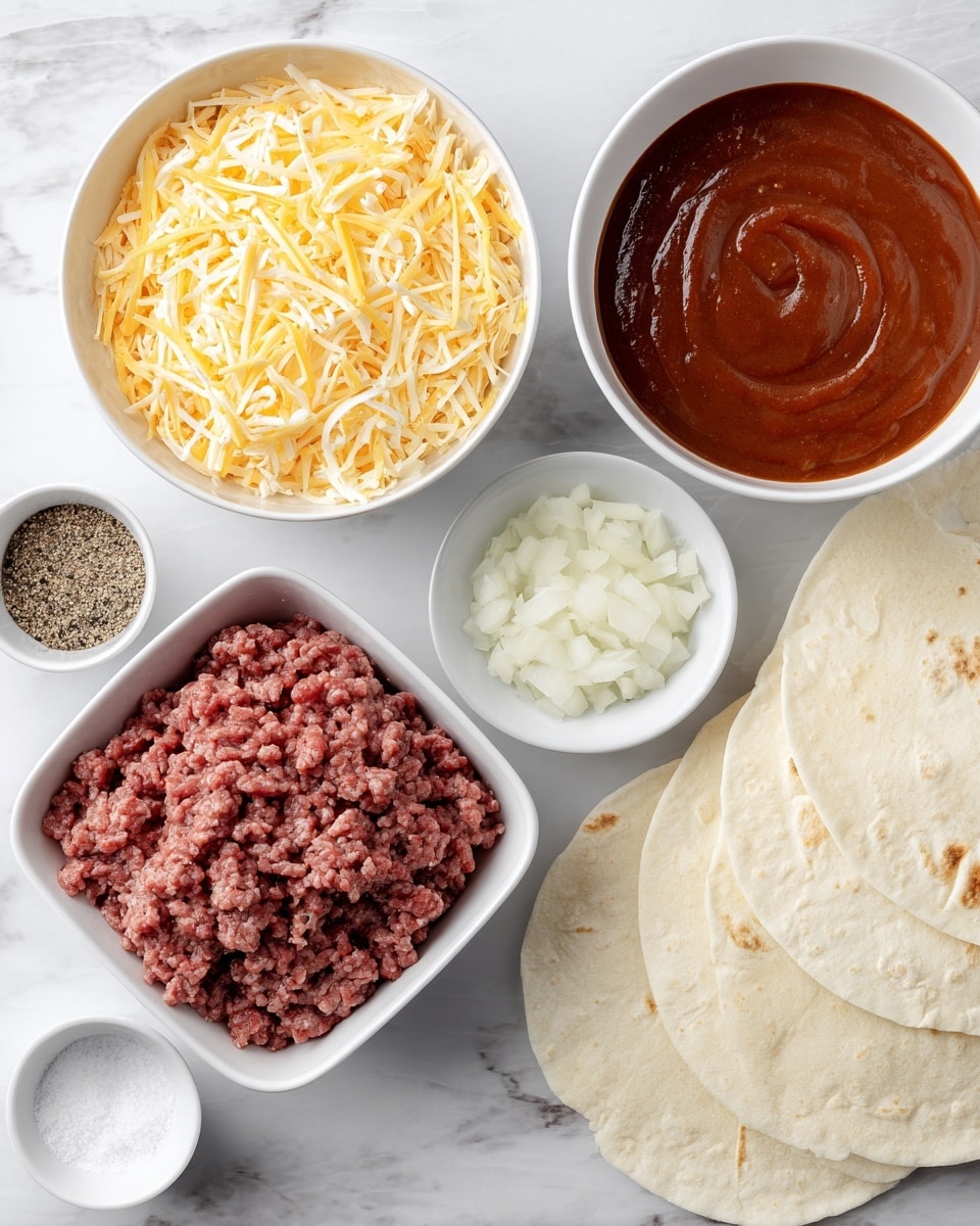 A flat white marbled surface holds several white bowls and folded white tortillas. The largest bowl is filled with shredded yellow and white cheese, showing a mix of fine, soft textures. Next to it is a medium bowl holding a smooth, thick reddish-brown sauce with gentle swirls on its surface. A square white bowl is filled with raw ground beef, showing a slightly coarse, compact texture with red and pink hues. There is also a small white bowl containing finely chopped white onions, and another small bowl holding a mix of white salt and black pepper granules. Three soft, folded white tortillas rest on the surface, showing light brown spots and smooth textures. photo taken with an iphone --ar 4:5 --v 7
