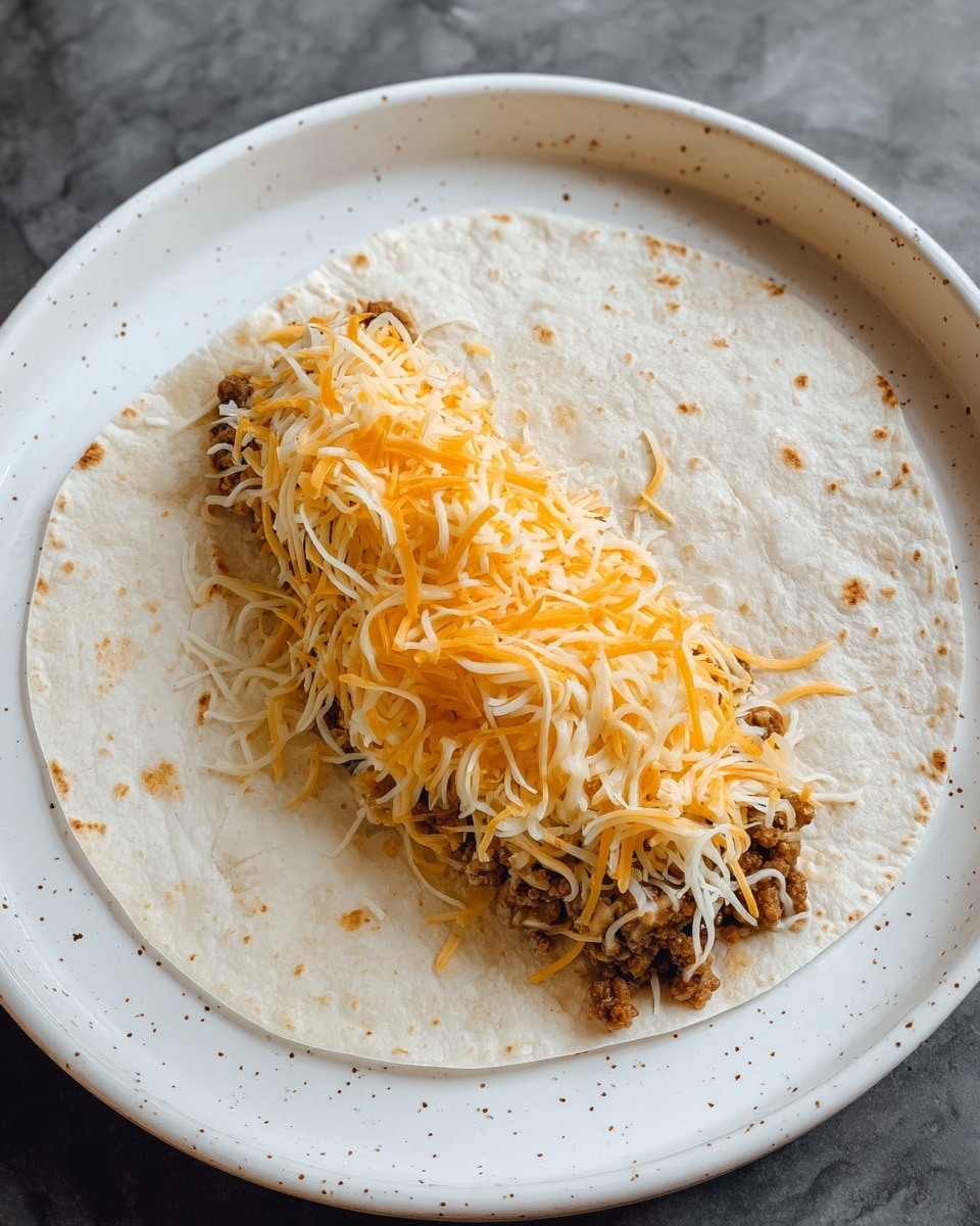 A soft, white tortilla is laid open on a white plate with light brown spots, filled with a layer of cooked ground meat at the base, topped with a generous layer of finely shredded orange and white cheese spread evenly across the meat. The bottom part of the tortilla is gently folded up toward the filling, showing part of the soft texture and light brown spotty surface, all placed on a white marbled surface. Photo taken with an iphone --ar 4:5 --v 7