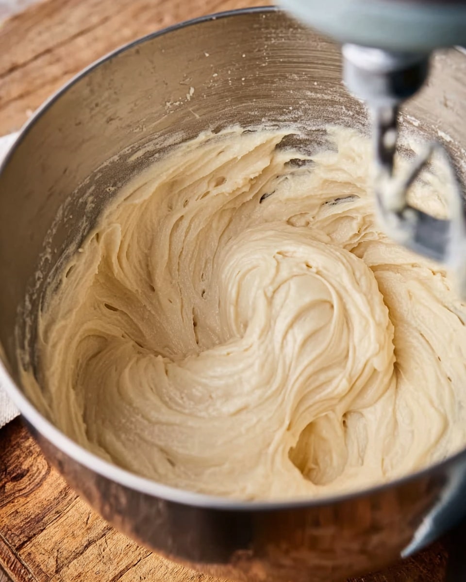 A close-up view of a smooth, creamy light beige batter being mixed inside a silver metal bowl. The batter has a thick texture with visible swirls created by the mixing paddle attached to a stand mixer, which is partially visible on the right side. The bowl is sitting on a wooden surface. The batter forms soft peaks and folds around the paddle. photo taken with an iphone --ar 4:5 --v 7