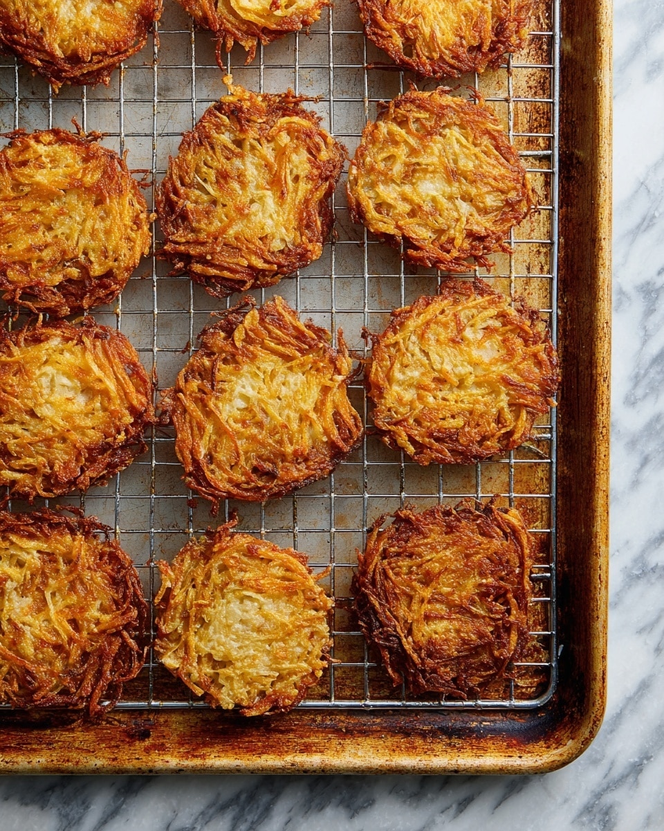 The image shows a metal wire rack on a baking tray filled with 14 small, round, crispy potato pancakes. Each pancake is golden brown with a mix of lighter and darker crispy edges and has a textured surface made of intertwined thin, fried potato strands. The pancakes are spaced unevenly, some touching each other, and the baking tray has a worn, rusty look around its edges. The background under the tray is a white marbled surface. photo taken with an iphone --ar 4:5 --v 7