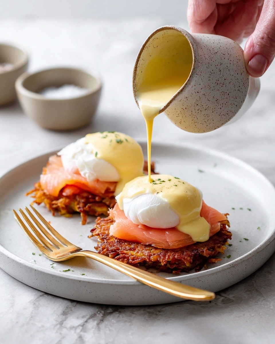 Two pieces of crispy brown potato latkes form the bottom layer on a white plate with a white marbled background. On top of each latke is a pink slice of smoked salmon. One latke has a smooth white poached egg on top, and the other has a poached egg being covered with creamy yellow hollandaise sauce, poured from a speckled ceramic white jug held by a woman's hand. A gold fork and knife rest beside the latkes on the plate. Small bowls with salt and pepper are blurred in the background photo taken with an iphone --ar 4:5 --v 7